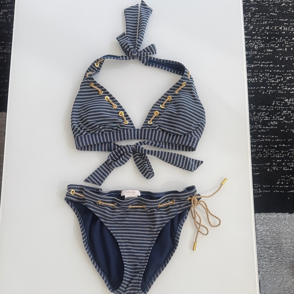 Jessica Simpson Navy Striped Bikini with Gold Accents